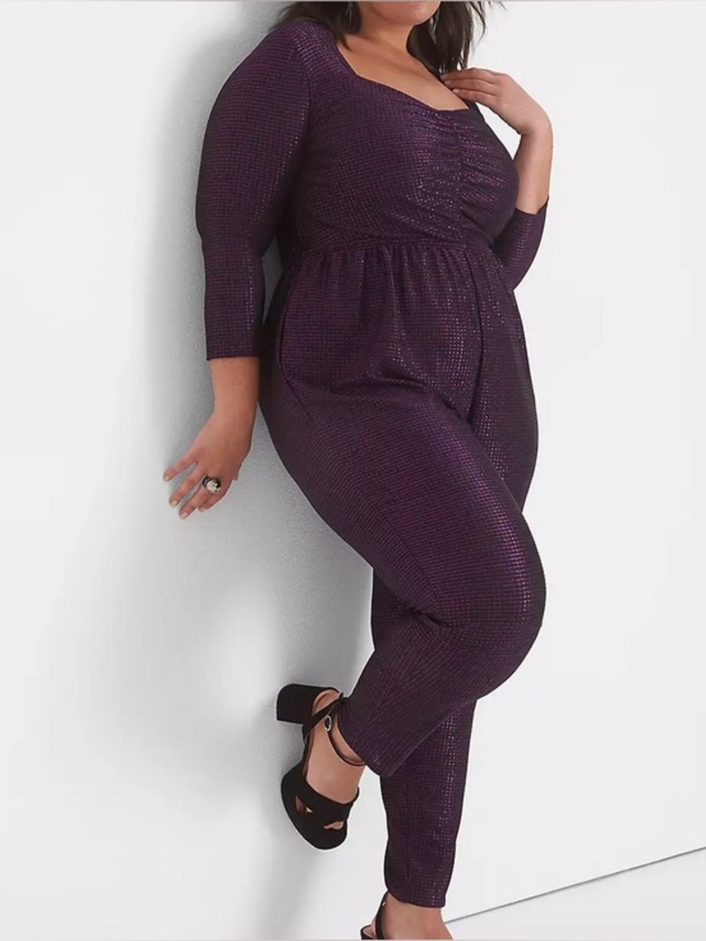 Lane Bryant 26/28L Shimmer Metallic Jersey 3/4 Sleeve Ruched V-Neck Jumpsuit